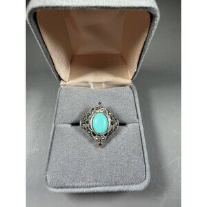 Sterling Silver 925 Turquoise Marcasite Filigree Art Deco Ring Sz 6.5 VTG